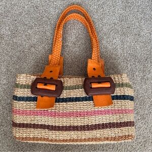 Woven Straw Tote Bag with Orange Handles